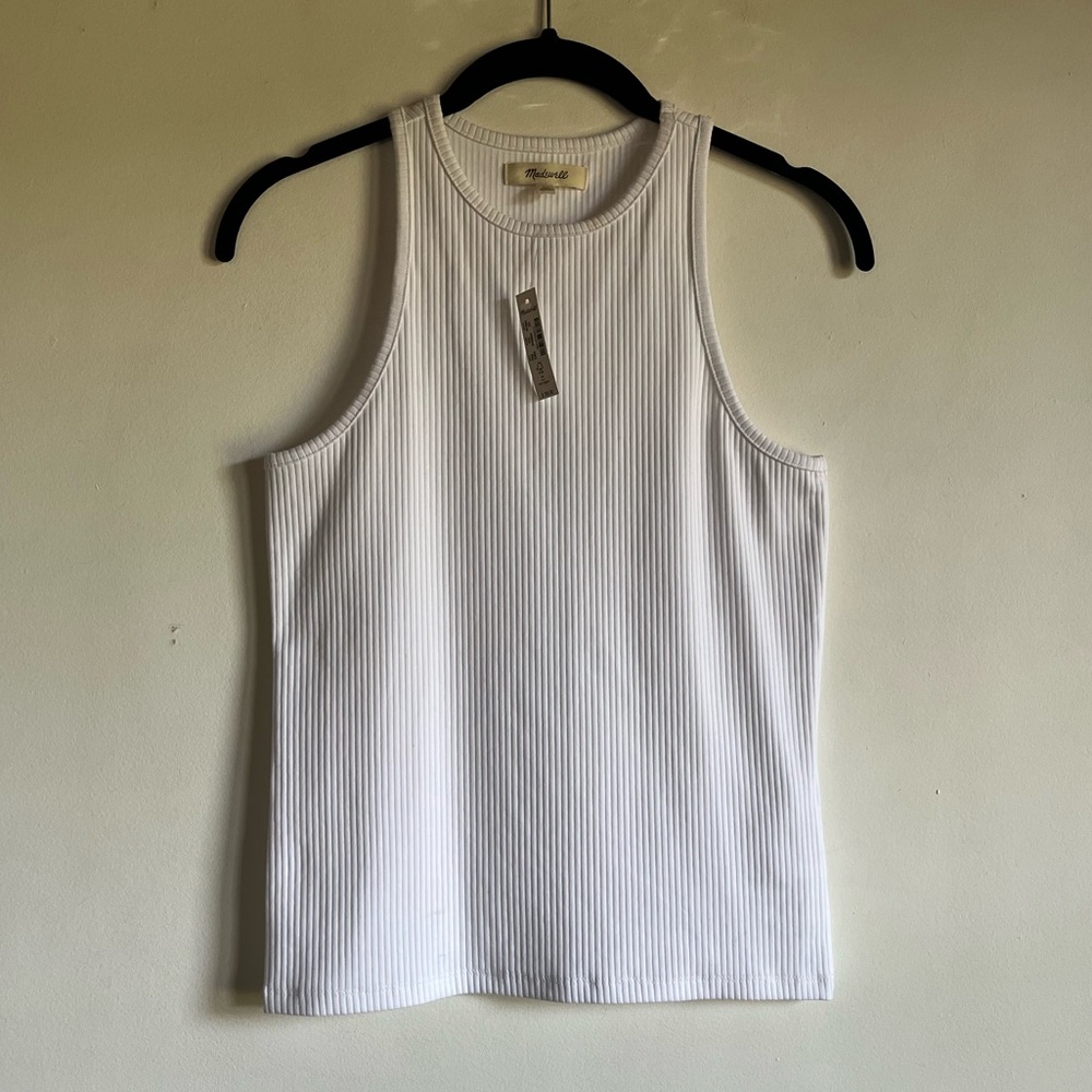 NWT Madewell Highneck Tank in Sleekhold Size XS Eyelet White Ribbed $38 NT063